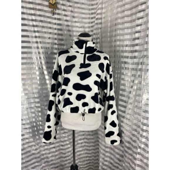 Shein Cowprint Quarter Zip Faux Fur Pullover Sweater - Picture 1 of 7